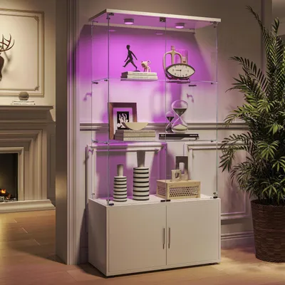 Immagine prodotto di Vetrina espositiva con illuminazione a LED, 4 ante, base in legno bianca