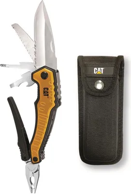 A CAT multitool and its sheath are displayed against a white background.
