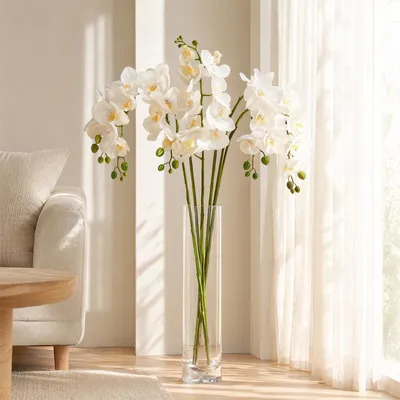 Imagen del producto de Juego de 6 orquídeas artificiales, 69 cm de alto, color blanco. Fáciles de cuidar