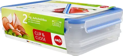 The image shows the packaging of an emsa Aufschnittbox CLIP & CLOSE food container.