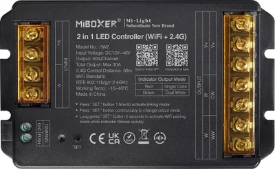 Obrázek produktu pro MiBoxer HW2 WiFi a 2,4G bezdrátový LED ovladač – 2 v 1, ovládání jednobarevného a CCT světla, 12-48 V, 30 A, stmívání pomocí tlačítka