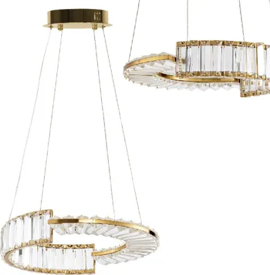 Two modern chandeliers with gold frames and clear crystal accents, suspended by thin wires against a white background.