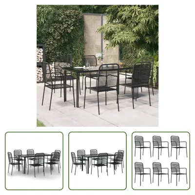 Produktbild von The Living Store 7-tlg. Garten-Essgruppe Schwarz Baumwollseil und Stahl