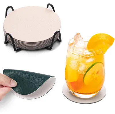 Image de Lot de 12 sous-verres, double face, en similicuir, vert et blanc, de forme ronde