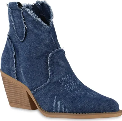 Produktbild von VAN HILL Damen Cowboy Boots Stiefeletten Denim Fransen Stickereien Schuhe 840976, Farbe: Dunkelblau, Größe: 36