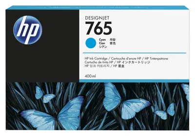 Produktbild von HP 765 Cyan Designjet Druckerpatrone, 400 ml, HP Designjet T7200 Produktionsdrucker-Serie, Thermal Inkjet, Cyan, Singapur, 54 mm, 115,9 mm