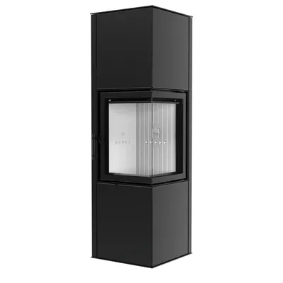 A black modern fireplace with a glass front, shown against a white background.