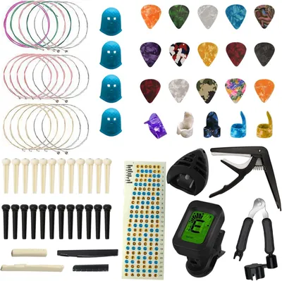 Produktbild von Gitarrenzubehör Set 75 Teile, Capodaster, 15 Plektren, 3 Sätze Saiten, Tuner, Daumenpicker