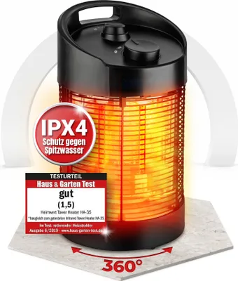 A tower heater is shown on a textured surface with a circular arrow indicating 360-degree rotation. There are promotional overlays and text.