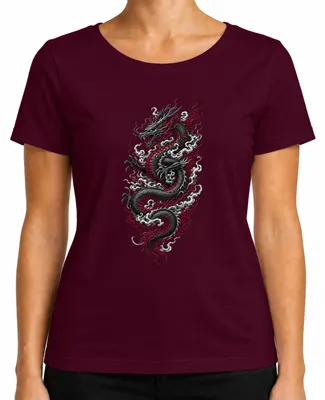 Imagen del producto de Camiseta para mujer con diseño de dragón japonés, estilo asiático, colores rojo y , temática japonesa, estilo Y2K, color burdeos, talla L