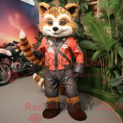 Produktbild von Hellbraunes REDBROKOLY Maskottchenkostüm eines roten Pandas mit Motorradjacke und Fußpolstern