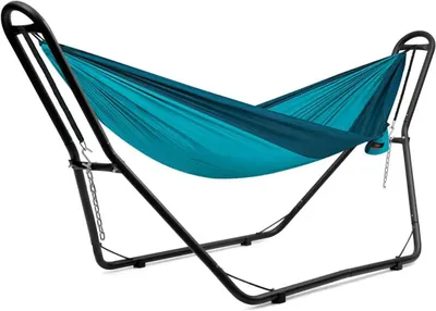 Produktbild von Stabiles Hängemattengestell - Freistehender Rahmen - Robustes Metallgestell - Mit 2 Ketten und S-Haken - Für Garten und Camping - Schwarz