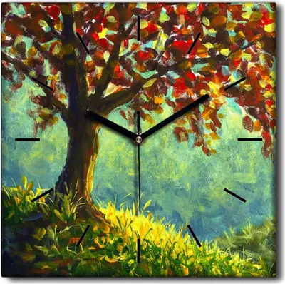 Produktbild von Coloray Uhr auf Leinwand 30x30 cm Wand Uhr Dekoration Wohnzimmer Segeltuch schwarze Hände -Herbstbäume Berge.