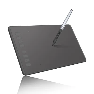 A black graphics tablet with a stylus resting on it, presented on a white background with a reflection.