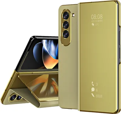 A gold-colored foldable phone case is shown from multiple angles against a white background.