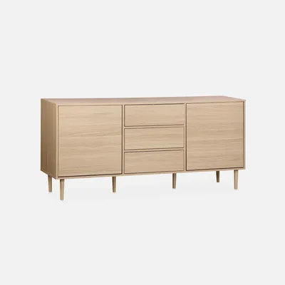 A wooden sideboard with two doors and three drawers, presented on a white background.
