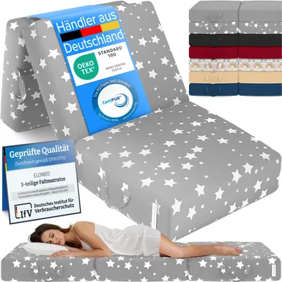 Produktbild von ELONEO Klappmatratze, Gästematratze,3-teilige Faltmatratze, Schaumstoff extra dick(15cm), Bandscheibenwürfel, klappbar, faltbare Matratze,(Stern-Grau)