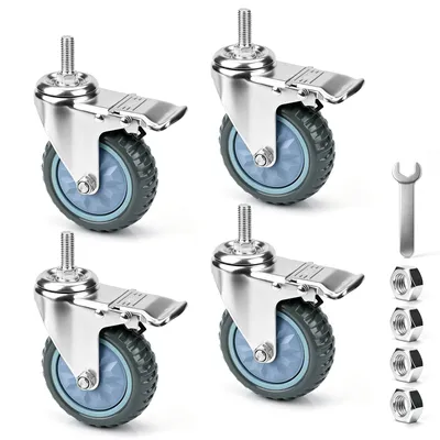 Produktbild von 4x Gewindebolzen Lenkrollen mit Doppelbremse, Gewinde M12×35mm Schwerlast Rollen, 135mm Geräusarme Möbelrollen mit Feststellbremse für Wagen und Möbel