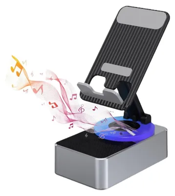 A smartphone stand with a built-in wireless speaker, featuring musical notes and sound waves emanating from it.