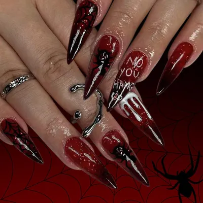 Produktbild von Press on Nägel Halloween 24 Stück Lang Mandel Rot Schwarz Gradient mit Spinne Design