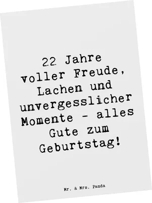 Produktbild von Mr. & Mrs. Panda Postkarte Spruch 22. Geburtstag Freude - Weiß - Geschenk, Alter, Ansichtskarten, bildkarte, Grußkarte, besondere Anlässe, alles Gute zum, Postkarten