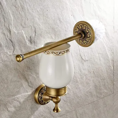 Zdjęcie produktu dla Zestaw szczotka toaletowa i uchwyt wykonany z karbowanego szkła miedzianego, solidny brąz Klasyczny zestaw łazienkowy w stylu retro na ścianę, trwałe akcesoria łazienkowe do kuchni i łazienki