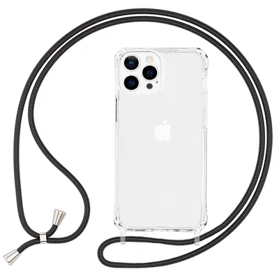 Image de NALIA Etui hybride transparent avec chaîne pour iPhone 13 Pro, Transparent Anti-Jaune Robuste Coins Renforcés Hardcase & Cadre en Silicone, Protection antichoc & Cordon de téléphone Noir