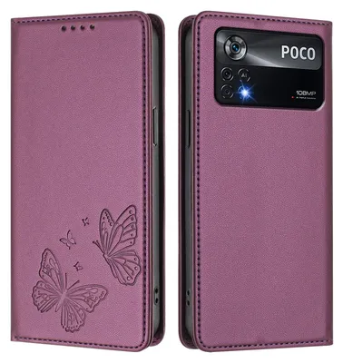 Produktbild von Lederhülle für Xiaomi Poco X4 Pro 5G, Schmetterling Prägung Leder Brieftasche Schutzhülle mit Ständer Lila