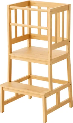 Image de Wiltec Chaise d’enfant – 46 x 46 x 90 cm – Tour d’apprentissage – en Bambou – avec Rampe & Barre anti-chute – Sécurité et indépendance enfants