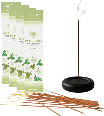 Immagine prodotto di Bastoncini d'incenso Green Tree Patchouli - 4 x 15 pezzi - Supporto di legno incluso - Arrotolati a mano in India