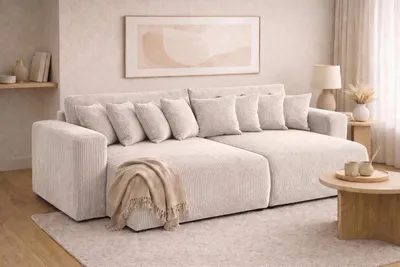 Image de Canapé-lit  avec coffre de rangement, tissu velours Poso, beige, PIANO DOUBLE