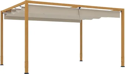 Image de Outsunny Pergola aluminium pergola jardin extérieur 4 x 3 m avec toit rétractable, système de drainage, tonnelle de jardin abri soleil pour terrasse patio véranda, bois naturel