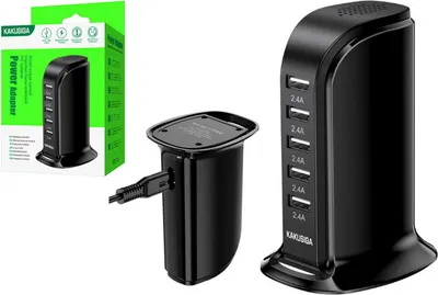 A black multi-port USB charging station and its packaging are displayed.