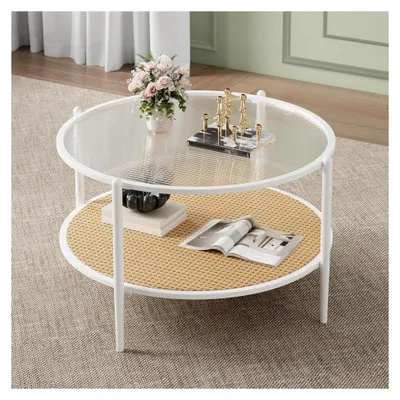 Produktbild von Runder Couchtisch mit geriffeltem Glas und Rattan, 2 Ebenen, stabiles Metallgestell in Weiß, modernes Design für Wohnzimmer und Schlafzimmer, platzsparend