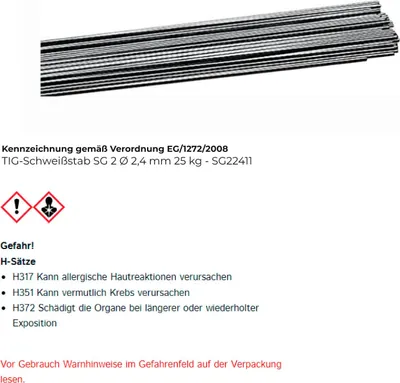 Productafbeelding van TIG-lasstaaf SG 2, diameter 2,4 mm, staallengte 1000 mm
