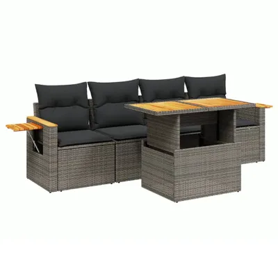 Produktbild von Modulares Garten-Sofaset, 5-tlg., höhenverstellbarer Tisch, PE-Rattan Grau, Akazienholz, Kissen Dunkelgrau, abnehmbare Bezüge