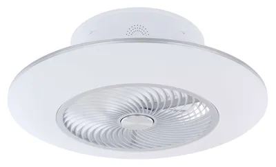 Produktbild von Globo Lighting Deckenventilator Metall weiß, Acryl weiß, Metall silber metallic, dimmbar, Farben fixierbar, Memoryfunktion, Nachtlicht, Timer, Fernbedienung, Batterie inkludiert 2x AAA, max. Motorleistung 33W, optimale Raumnutzung 24m², Abkühlung, Geschwindigkeitsstufen 870/1050/1130 RPM, ø: 580mm, H: 220mm, inkl. LED 36W 230V, 4500lm Source, 2200lm Output, CCT 3000-6000K