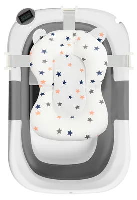 Productafbeelding van Ikodm Opvouwbaar babybad, 60,5 x 43 cm, met badmat, shampoo-beker en temperatuurindicator, geschikt voor baby's van 0-12 maanden, grijs