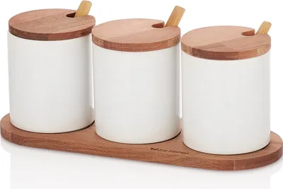 Produktbild von Joy Kitchen™ Porzellantassen auf Holzplateau 3er Set | Geschirr Tassen | Holzdeckel | Tasse mit Löffel und Deckel | Becherhalter | Vorratsdosen | Geschirr-Set | Aufbewahrungsbehälter aus Porzellan | Vorratsdosen
