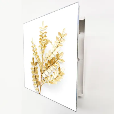 Produktbild von Schlüsselkasten Weiß Metall, Goldene Blätter Motiv hinter Glas, Moderne Schlüsselbox linksöffnend, 32x28x6,5 cm, 20 Haken für Ordnung im Flur.