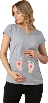Produktbild von Umstandsshirt Kurzarm Baby Füße – Umstandsmode Damen Schwangerschaft, 95 % Baumwolle, Grau, Gr. L