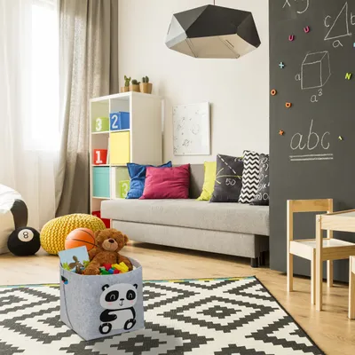Produktbild von Relaxdays Aufbewahrungskorb Filz, Panda-Motiv, Filzkorb für Kinder, faltbar, HBT: 33 x 34 x 32 cm, Spielzeugkorb, grau
