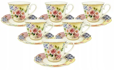 Produktbild von 6-teiliges Set aus Tasse und Untertasse für Kaffee und Tee, „Blumen“, Porzellan, 250 ml