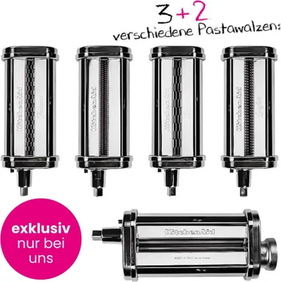 A collection of KitchenAid pasta rollers and a main pasta roller attachment, with promotional text.