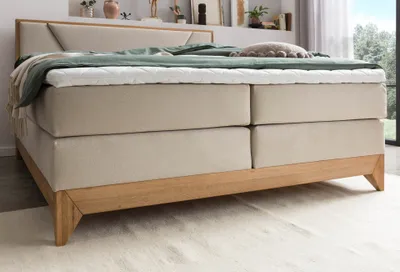 Produktbild von Belanoti Riviera Boxspringbett 160x200 Eiche 7-Zonen Taschenfederkern Matratze inkl Visco Topper Bett 160x200 in der Farbe Beige H2/H3 Polsterbett Hotelbett mit Massivholz Eiche Massivholzbett