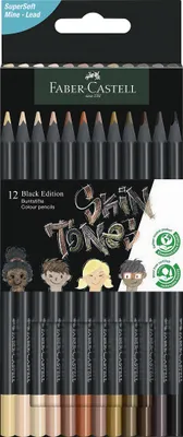 A box of Faber-Castell colored pencils with illustrations of children's faces.