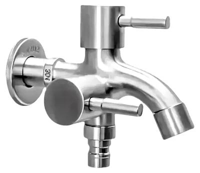 Produktbild von Universal 1/2 Zoll Doppel Wasserhahn für Garten, Edelstahl, mit zwei Ausläufen und Doppelventil für Waschmaschine, Küche und Bad