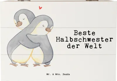 Produktbild von Mr. & Mrs. Panda Box Pinguin Beste Halbschwester der Welt 22 x 15 cm - Weiß - Geschenk, schatztruhe, Kleinigkeit, geschenkkiste, Liebe, Familie, Kiste, Geschenkidee
