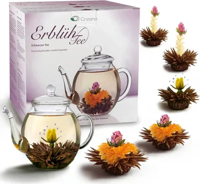 Produktbild von Geschenkset Erblühtee mit Glaskanne, Schwarztee (6 Teerosen/3 Sorten)