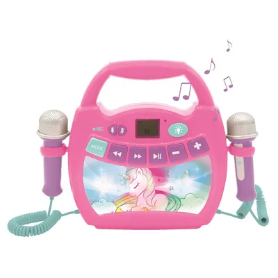 A pink karaoke machine with two microphones, decorated with a unicorn and rainbow graphic.